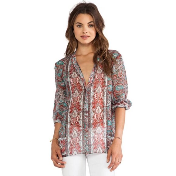 💕RACHEL ZOE💕 Violet Peasant Neck Tie Blouse in Parrot & Bright Red 6 - Picture 2 of 16